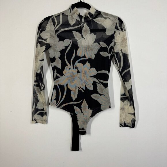 All Saints Floral Sheer Mesh Bodysuit Black Beige Size 2 Long Sleeve Top - Picture 2 of 16